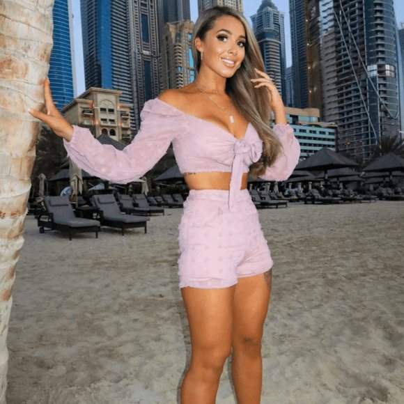 Pink Long Sleeve V-Neck Crop Top and High Waist Shorts Two Piece Set - Picture 4 of 9